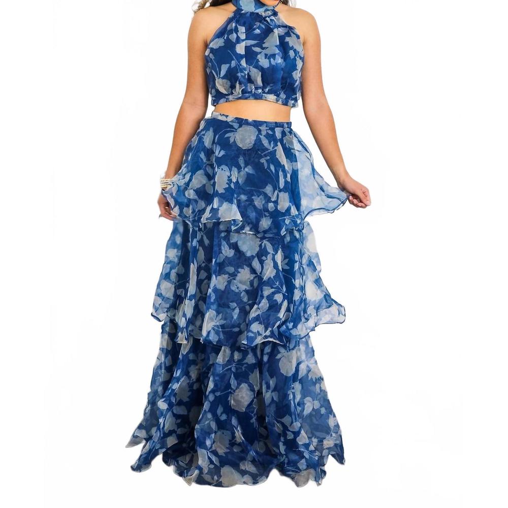 NEW SURELYMINE tiered ruffle two-piece set halter crop top & maxi skirt in blue - Picture 4 of 8